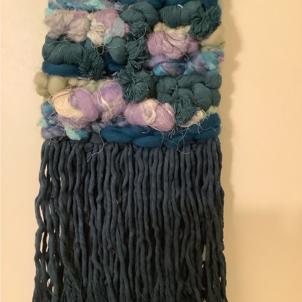 Macrame Woven Wall Hanging in Navy Blue, lavender and Turquoise with Macrame